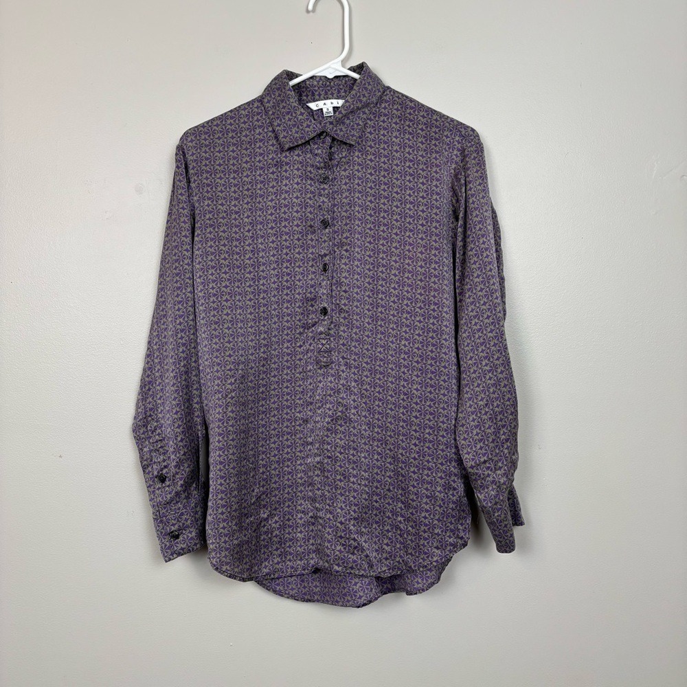 Cabi Top Small Purple Green Geometric Wheel‎ Print Silk Long Sleeve Popover